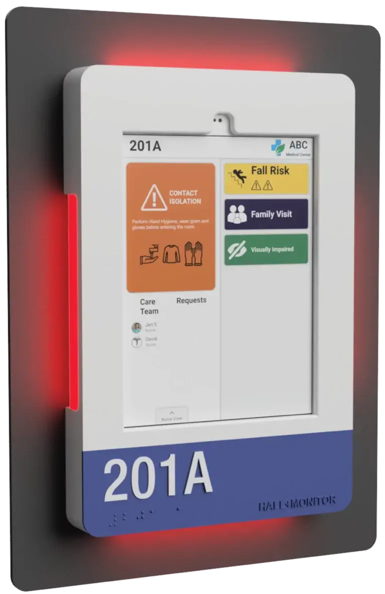 A HallMonitor door sign for room 201A, glowing red.