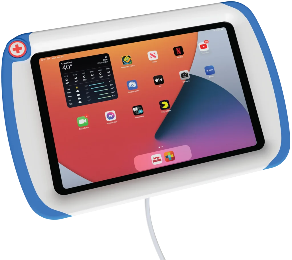 A white PillowCase with a pale blue edge holding an iPad, front and back.