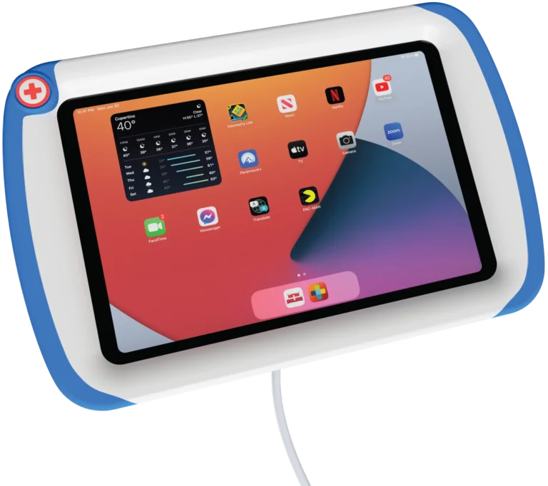 An iPad in a white PillowCase bedside case with a blue rim.