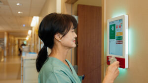 A nurse scans her badge at a hospital digital door sign using HallMonitor