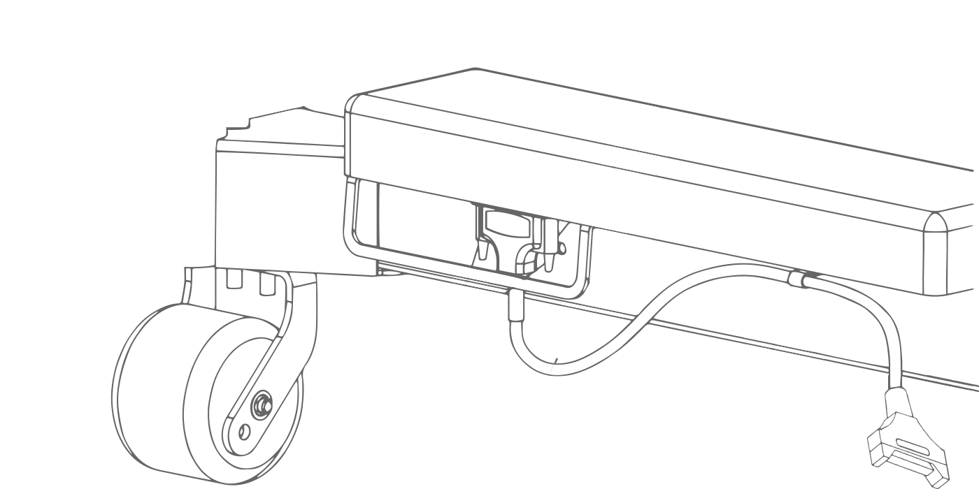 Line drawing: a BlackJack cable plugged into the 37-pin port under a hospital bed, clamped to the frame, with its magnetic end hanging free.