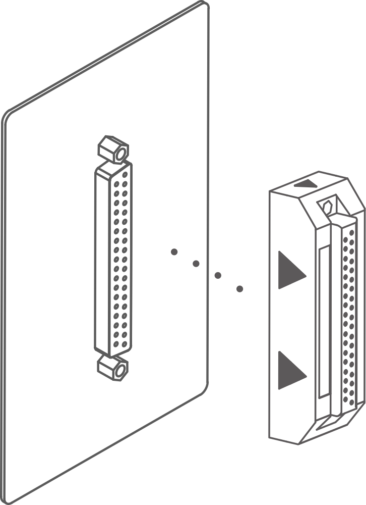 Line drawing: a magnetic BlackJack brick, arrows on its face, plugs into a 37-pin wall plate.