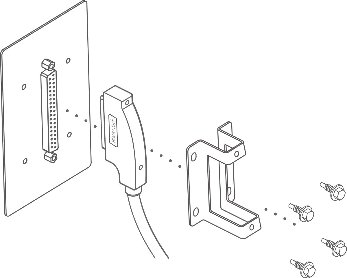 Line drawing: a right-angle BlackJack cable plugs into a 37-pin wall plate, and a metal bracket fixes over it with four screws.