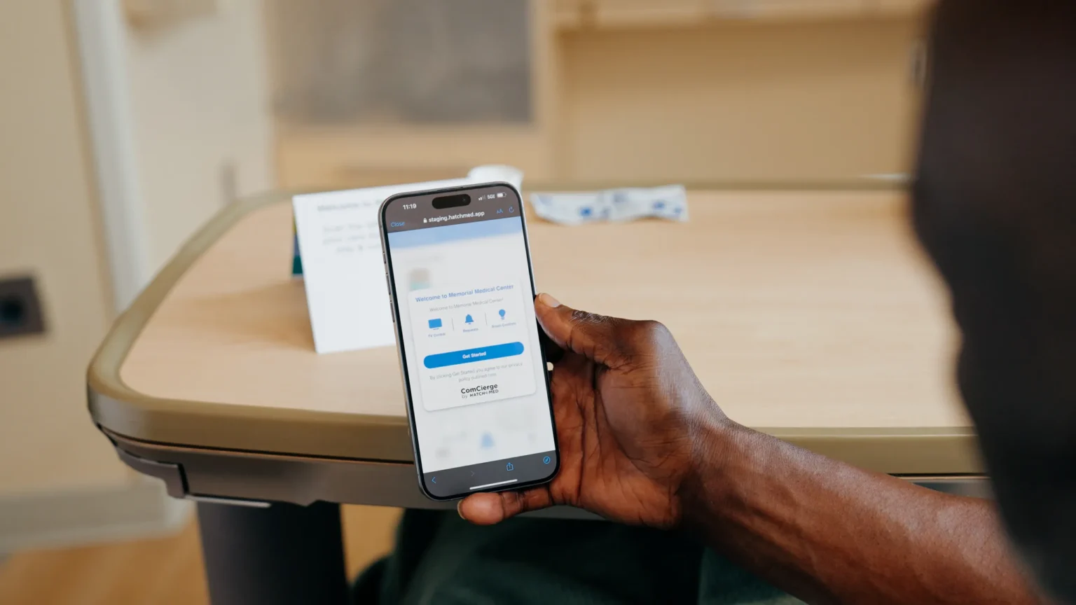 Patient phone showing the ComCierge BYOD sign-in screen