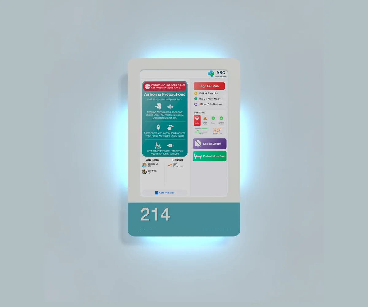 HallMonitor with a teal accent plate, room 214 and a sky-blue light all around