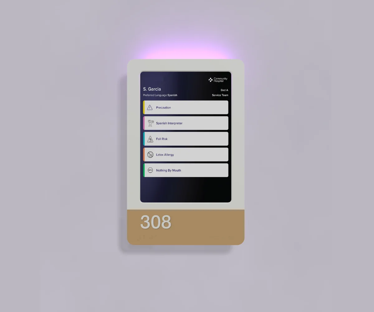 HallMonitor with a wood-grain accent plate, room 308 and a purple light on top