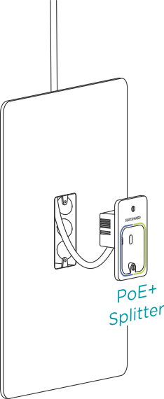 A PoE+ splitter connected to a single-gang back box in the wall.