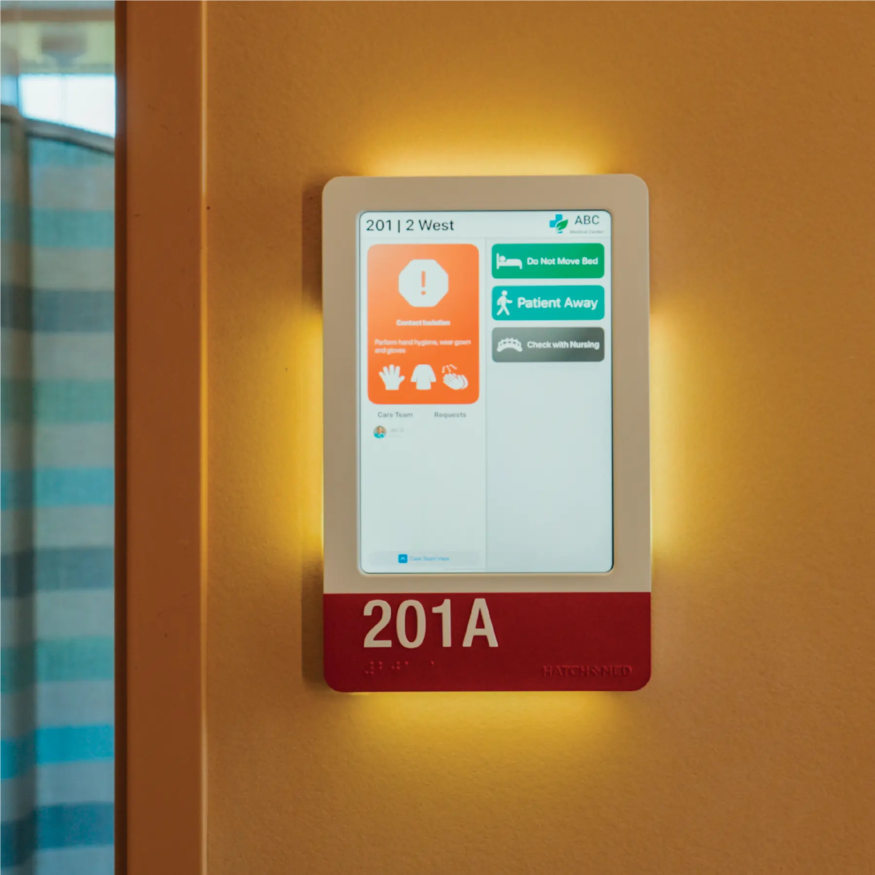 A portrait HallMonitor for room 201A with a soft amber glow on all sides.