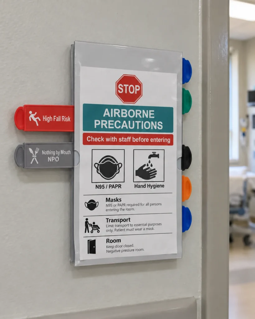 An airborne precautions paper placard beside High Fall Risk and Nothing by Mouth flags.