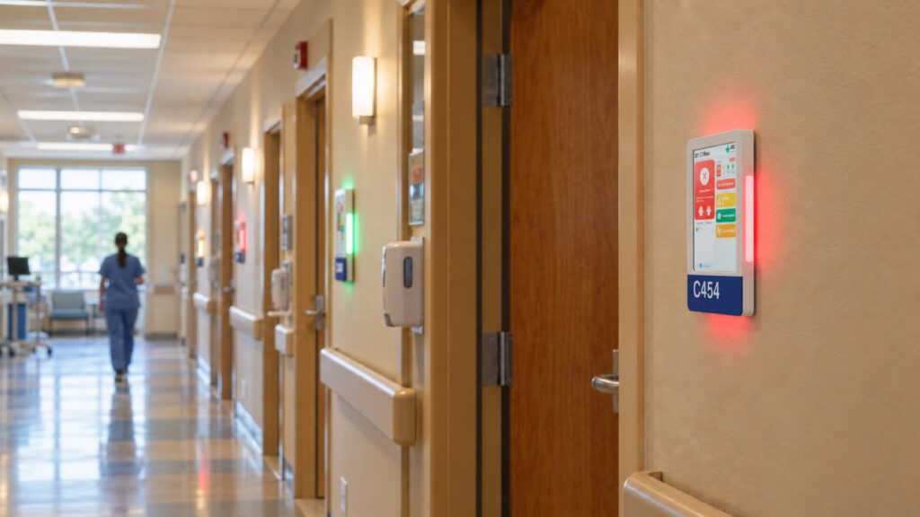 A HallMonitor sign glowing red outside an isolation room as a clinician walks down the hallway.